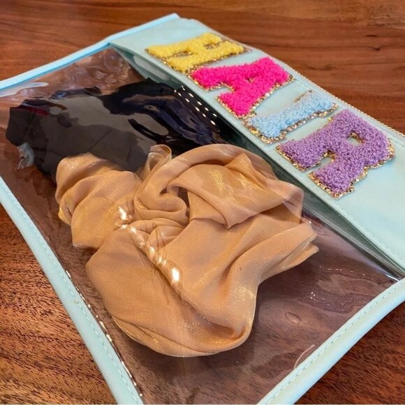 Clear Travel Pouch with Fuzzy Patch Letters 'HAIR' Teal Green - Bag Only - Picture 10 of 11